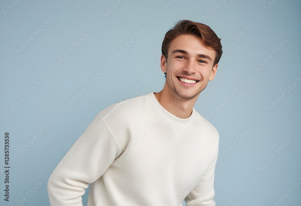 A young Caucasian man , wearing a white sweater, smiling against a light blue background A young Caucasian man , wearing a white sweater, smiling against a light blue background