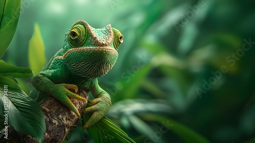 Closeup photograph of a chameleon clinging to a tree branch in a dense lush jungle  The reptile s skin perfectly blends into the surrounding foliage showcasing its incredible camouflage abilities photo