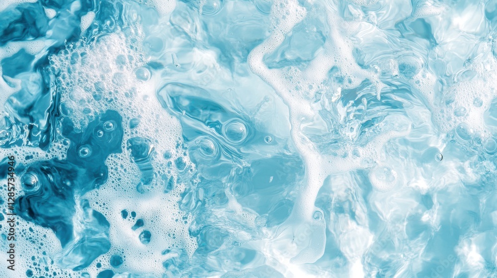 Naklejka premium Transparent blue clear water surface texture with ripples, splashes and bubbles. Abstract summer banner background Water waves in sunlight with copy space Cosmetic moisturizer micellar toner emulsion