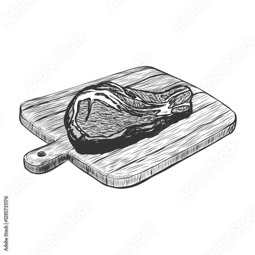 Fresh Raw Meat. Slice of Steak on wooden cutting board. Pork, Beef or Lamb slice. Vector food illustration for bbq, butcher shop, steakhouse isolated on background. Monochrome black and white sketch.