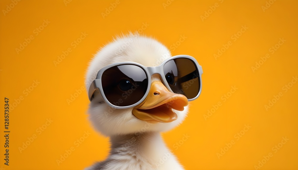 A fluffy duckling wearing large sunglasses against a bright background A fluffy duckling wearing large sunglasses against a bright background