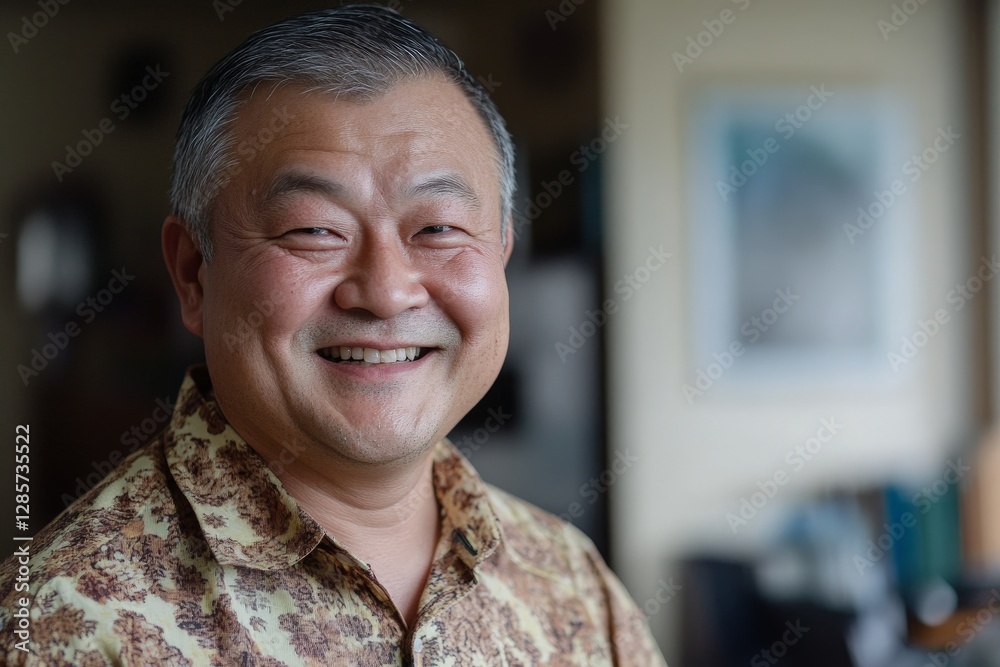 Obraz premium Mature asian male smiling indoors with patterned shirt