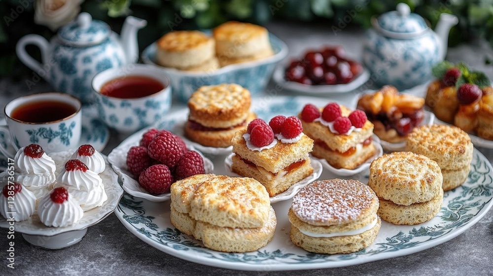 Elegant Tea Party Still Life with Assorted Cakes Scones and Raspberry Topped Desserts on Decorative Plates with Blue Floral Tea Set Elegant Tea Party Still Life with Assorted Cakes Scones and Raspberry Topped Desserts on Decorative Plates with Blue Floral Tea Set