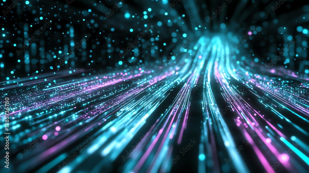 Fototapeta premium Abstract digital data stream with neon blue and purple lines symbolizing fast connection and modern technology in a futuristic cyber environment.