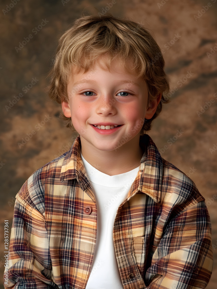 Cute Child Portrait with Friendly Smile and Casual Plaid Shirt Background : Generative AI Cute Child Portrait with Friendly Smile and Casual Plaid Shirt Background : Generative AI