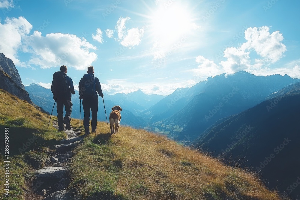 Fototapeta premium Hikers enjoy a sunny day in the Swiss mountains with their dog while exploring a scenic trail