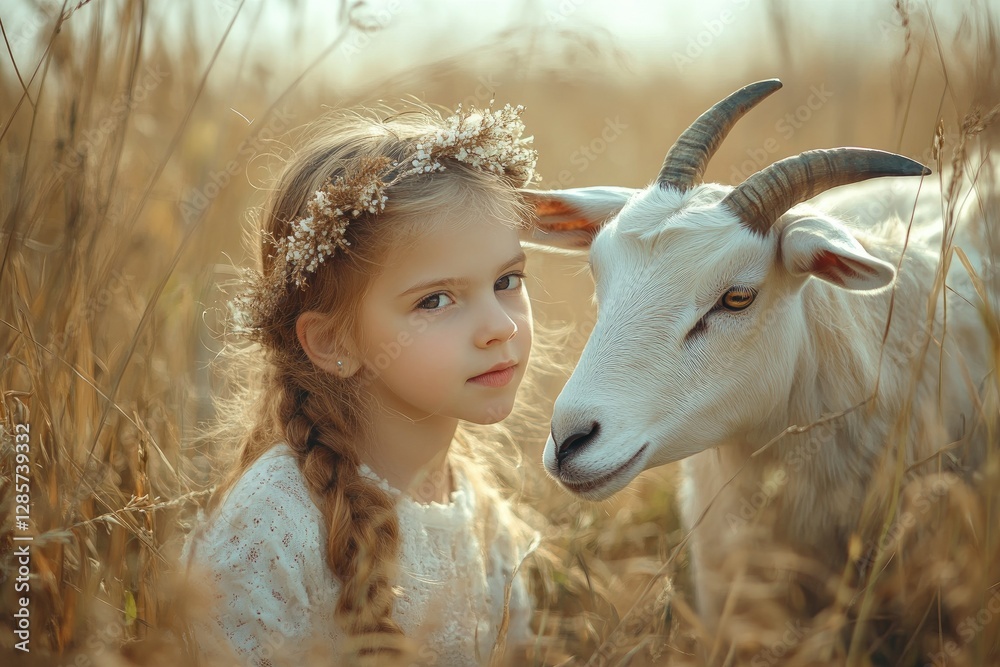 High Resolution Visual of Cute Girl in a Field with a Goats High Resolution Visual of Cute Girl in a Field with a Goats