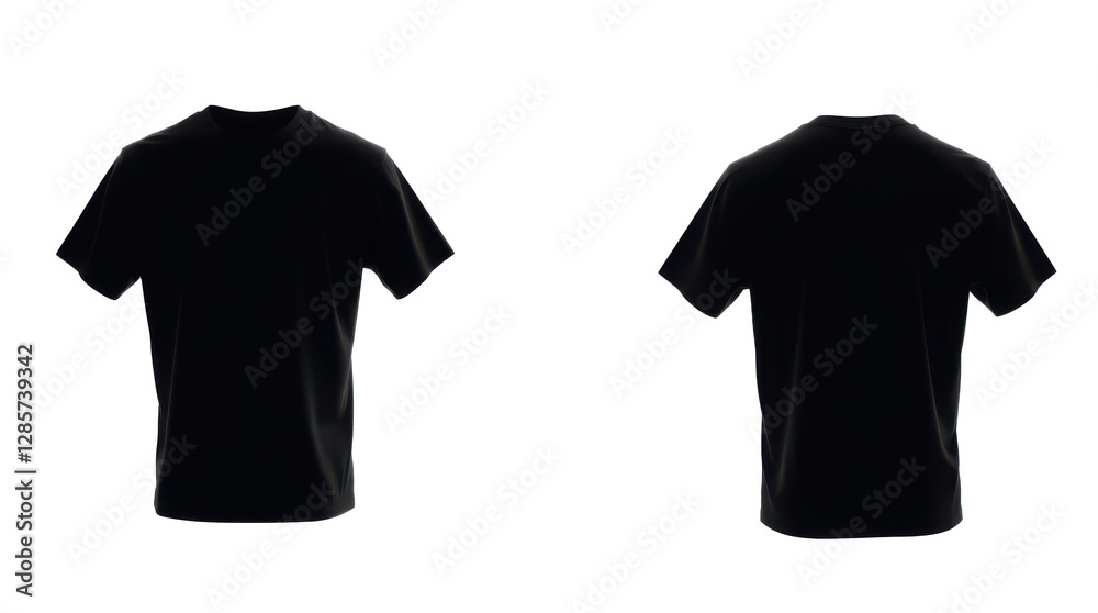 Isolated black t-shirt, displayed with both front and back views, against a transparent background 