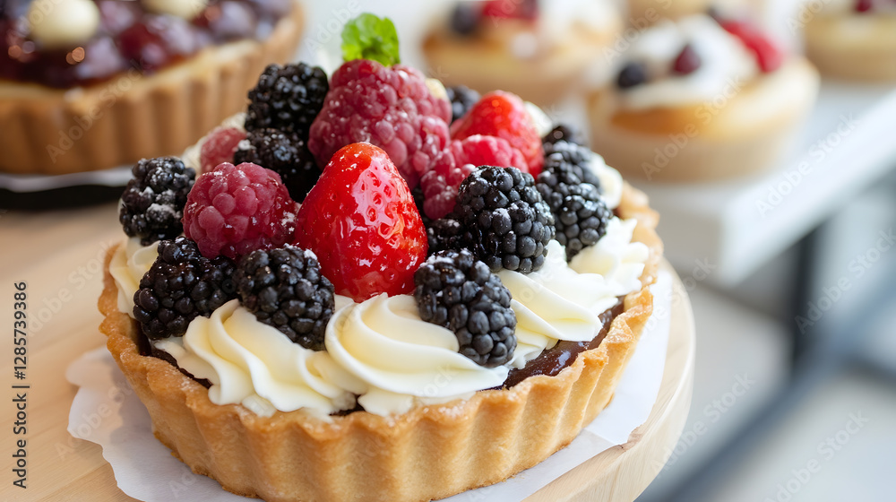 Delicious Tart with Cream Topped with Fresh Berries and Mint Leaf : Generative AI Delicious Tart with Cream Topped with Fresh Berries and Mint Leaf : Generative AI