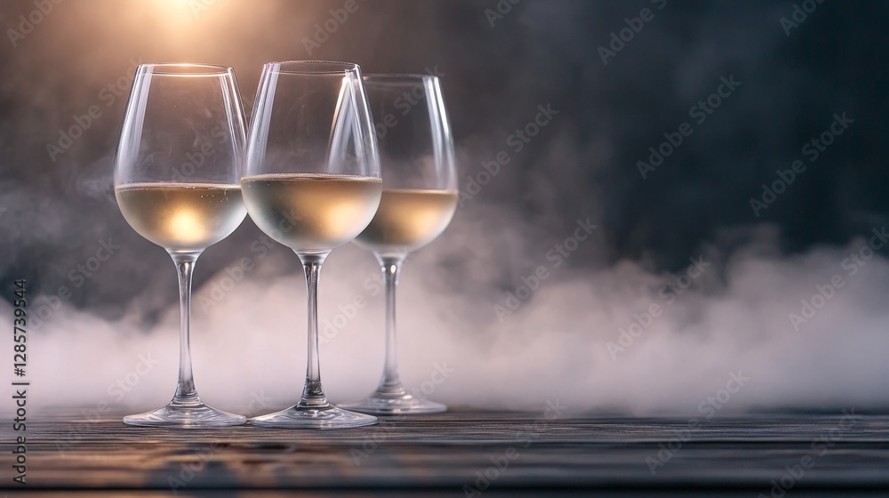 Three glasses of white wine sitting on top of a wooden table Three glasses of white wine sitting on top of a wooden table