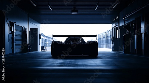 Silhouette of a race car in a dimly lit garage, ready for the race track.