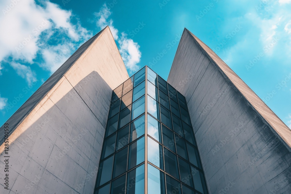 Modern architectural symmetry: glass and concrete facade with blue sky reflection Modern architectural symmetry: glass and concrete facade with blue sky reflection