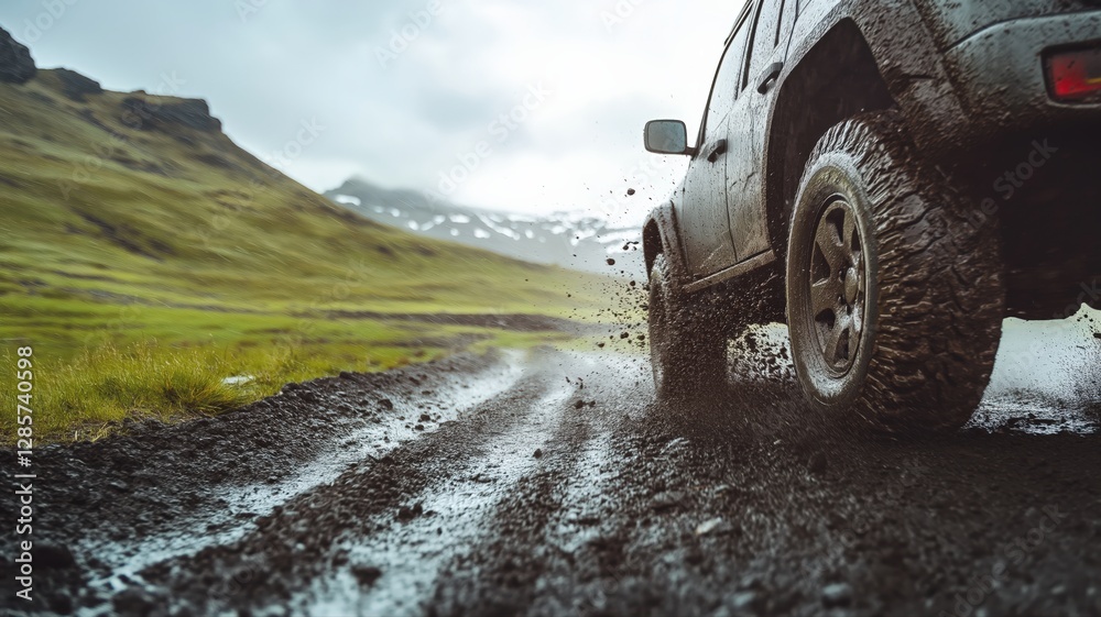Naklejka premium close-up shot of an all-terrain vehicle navigating through mud and water