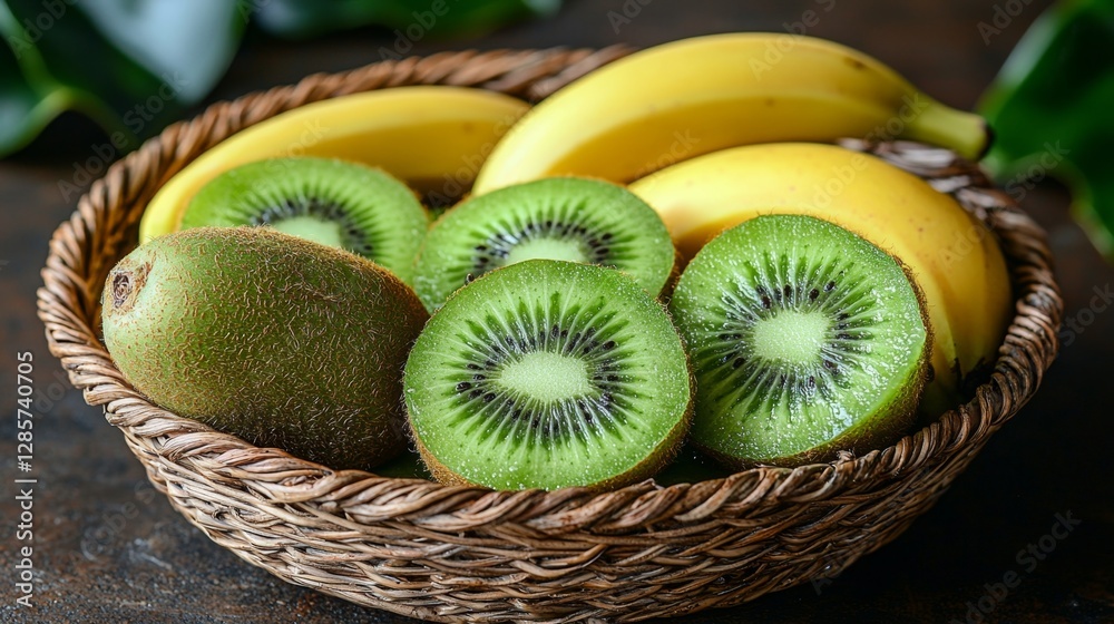 A basket filled with sliced kiwi and bananas on a table