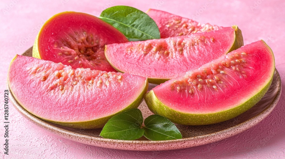 A plate of sliced guavas on a pink background A plate of sliced guavas on a pink background