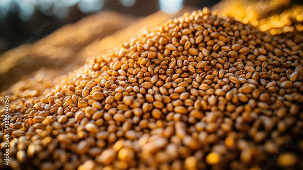 Obraz premium Golden Wheat Pile Outdoors, Sunlight on Harvested Grain