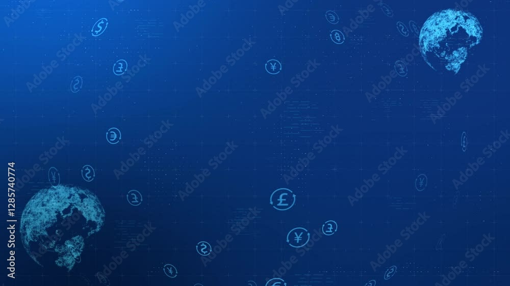 Global currencies exchange on abstract digital world map background. Stock market investment and trading concept. Transfer money technology and CBDC payments worldwide