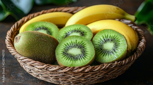 Obraz na płótnie A basket filled with sliced kiwi and bananas on a table w salonie