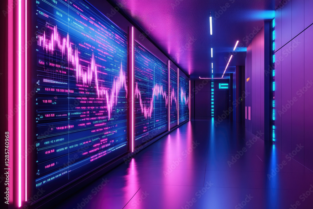 Fototapeta premium Exploring a neon-lit corridor of holographic economic graphs sci-fi environment futuristic viewpoint vibrant depth and color