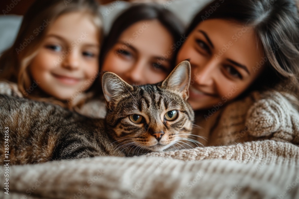 Happy family moment with a cat on a cozy blanket during a winter afternoon at home Happy family moment with a cat on a cozy blanket during a winter afternoon at home