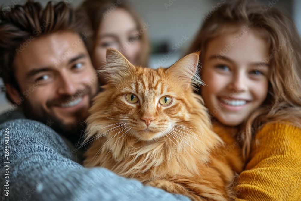 Family enjoying time together with a fluffy orange cat in a cozy indoor setting