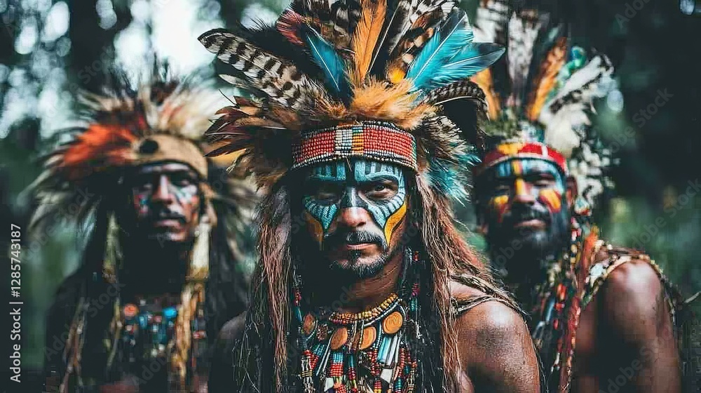 Native american men in traditional headdress and face paint in forest setting Native american men in traditional headdress and face paint in forest setting