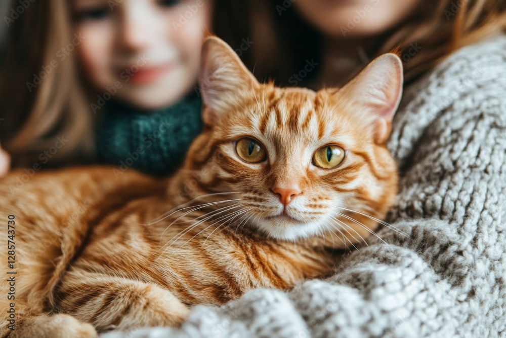 Child enjoys time with a loving orange cat while sitting comfortably indoors in a cozy setting Child enjoys time with a loving orange cat while sitting comfortably indoors in a cozy setting