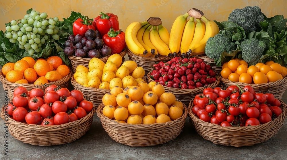 A variety of fruits and vegetables in baskets on a table A variety of fruits and vegetables in baskets on a table