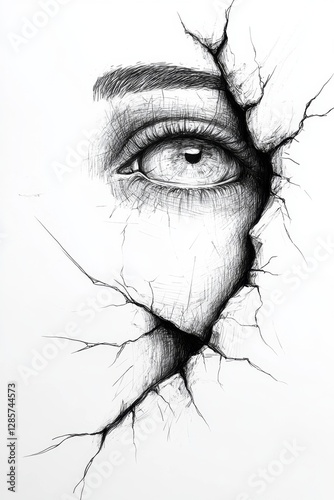  A drawing of a woman's eye through a crack in the wall