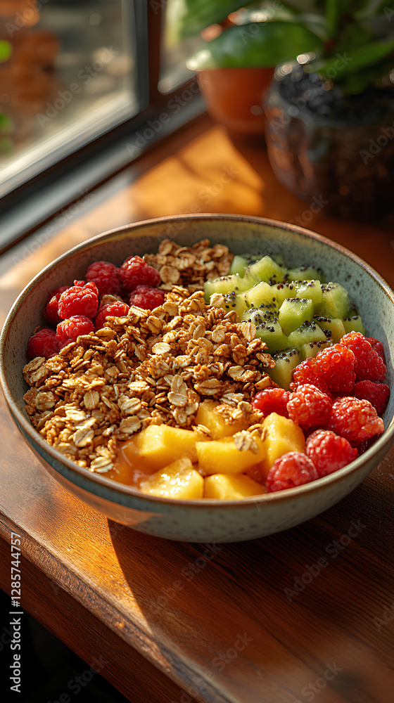 A colorful bowl of granola with fresh raspberries, kiwi, and mango sits in the sunlight. A colorful bowl of granola with fresh raspberries, kiwi, and mango sits in the sunlight.