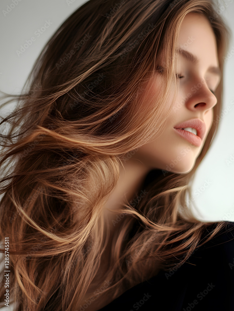 Elegant Portrait of Young Woman with Windswept Hair and Soft Expression : Generative AI Elegant Portrait of Young Woman with Windswept Hair and Soft Expression : Generative AI