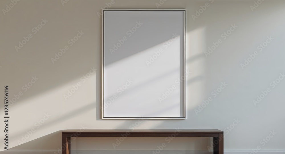 Simple and cozy room with blank white poster hanging above low wooden console table Simple and cozy room with blank white poster hanging above low wooden console table