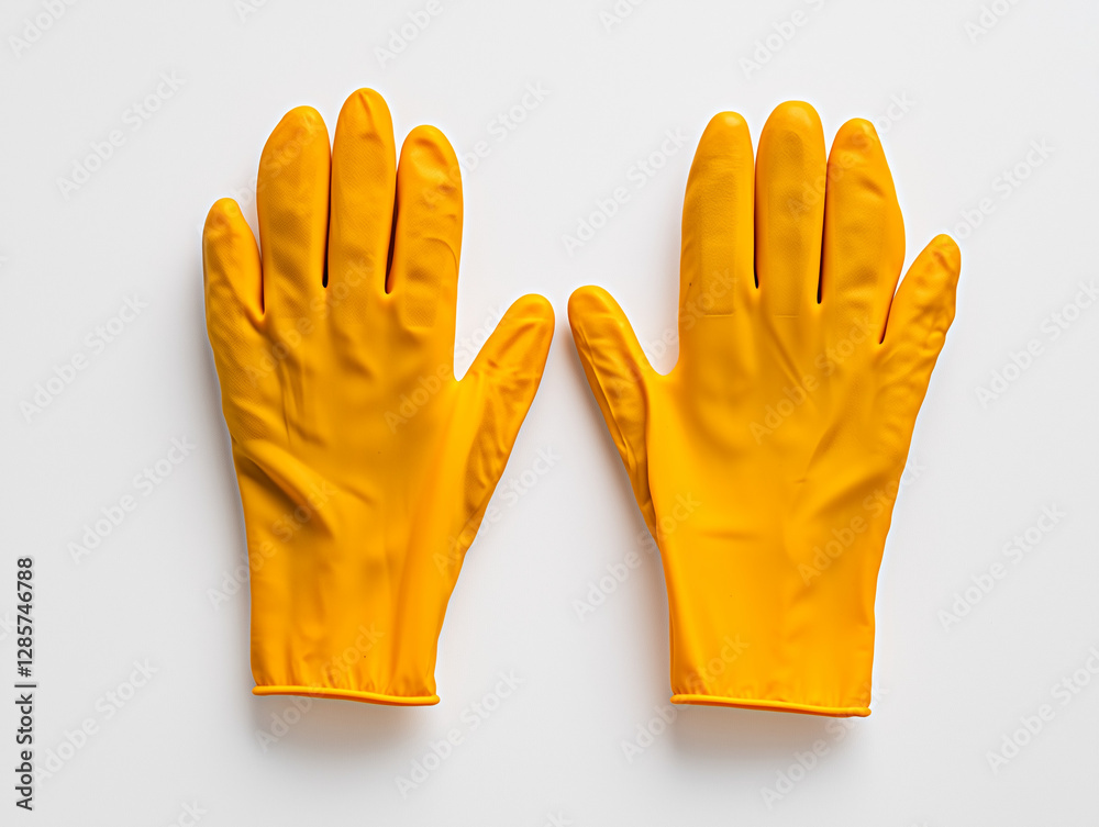 Obraz premium Pair of yellow rubber cleaning gloves on a white background