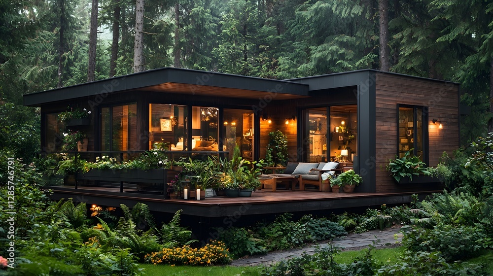 Eco Friendly Wooden House Surrounded by Tall Pine Trees with Reflecting Glass Windows that Capture the Lush Greenery of the Natural Landscape Eco Friendly Wooden House Surrounded by Tall Pine Trees with Reflecting Glass Windows that Capture the Lush Greenery of the Natural Landscape