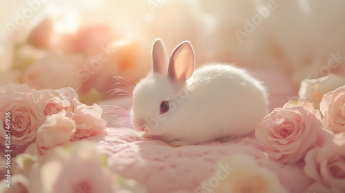 Adorable White Bunny Surrounded by Delicate Pink Roses in Soft Light