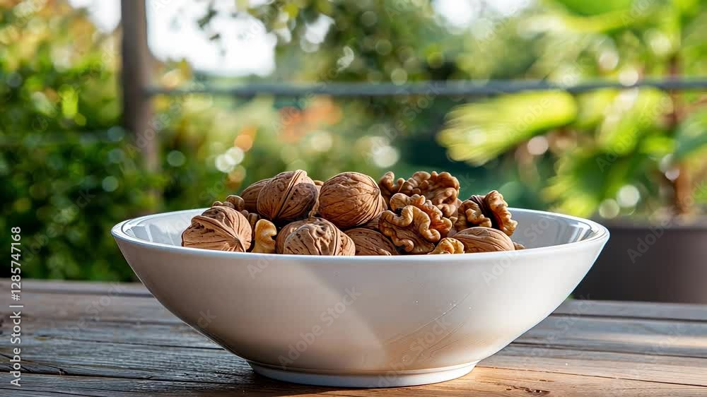 walnuts in a white bowl on the background of nature