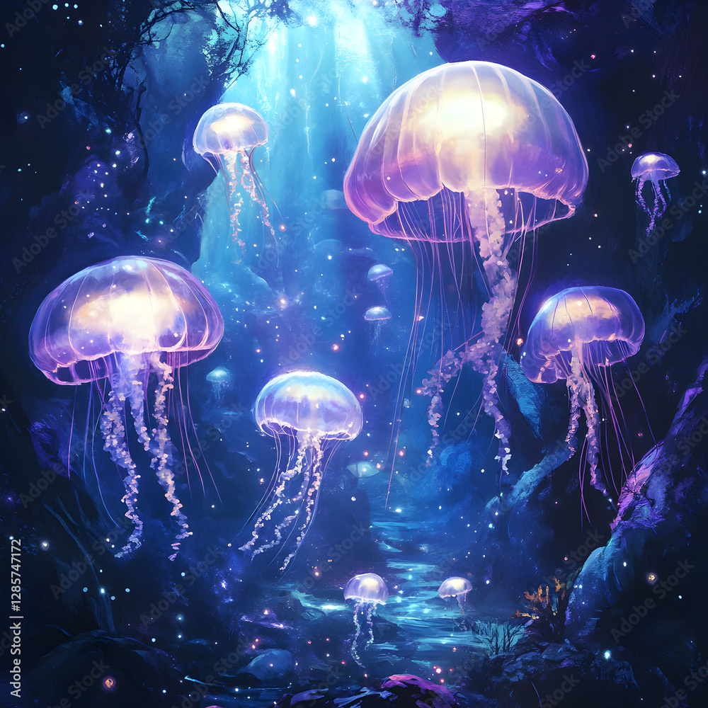 Enchanted Bioluminescent Jellyfish: A surreal dreamscape of bioluminescent jellyfish illuminate a magical underwater cave. Enchanted Bioluminescent Jellyfish: A surreal dreamscape of bioluminescent jellyfish illuminate a magical underwater cave.