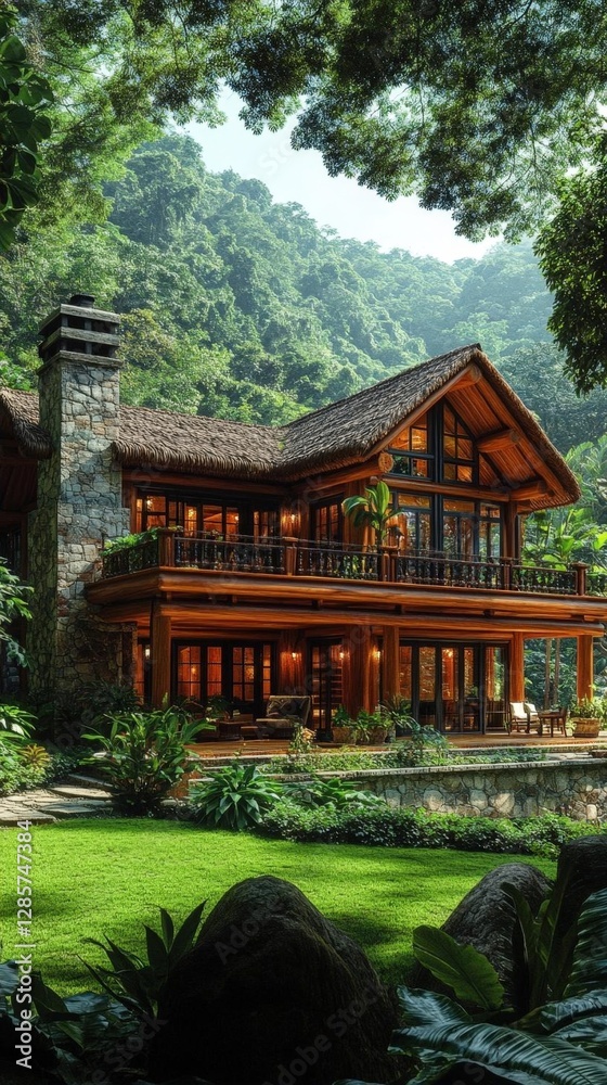Elegant Wooden House Exterior Surrounded By Green Forest Featuring Stone Chimney and Beautiful Landscaping Under Bright Daylight Elegant Wooden House Exterior Surrounded By Green Forest Featuring Stone Chimney and Beautiful Landscaping Under Bright Daylight