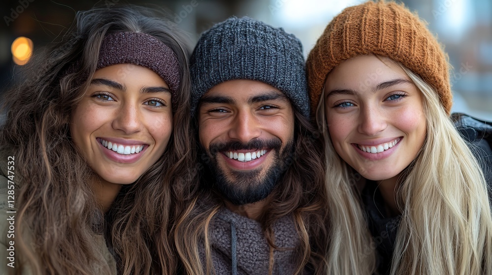 Three happy friends are smiling together on a bridge in the city, with urban landmarks in the background Three happy friends are smiling together on a bridge in the city, with urban landmarks in the background