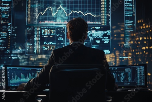 Stock trader analyzing multiple financial charts in a futuristic trading station photo