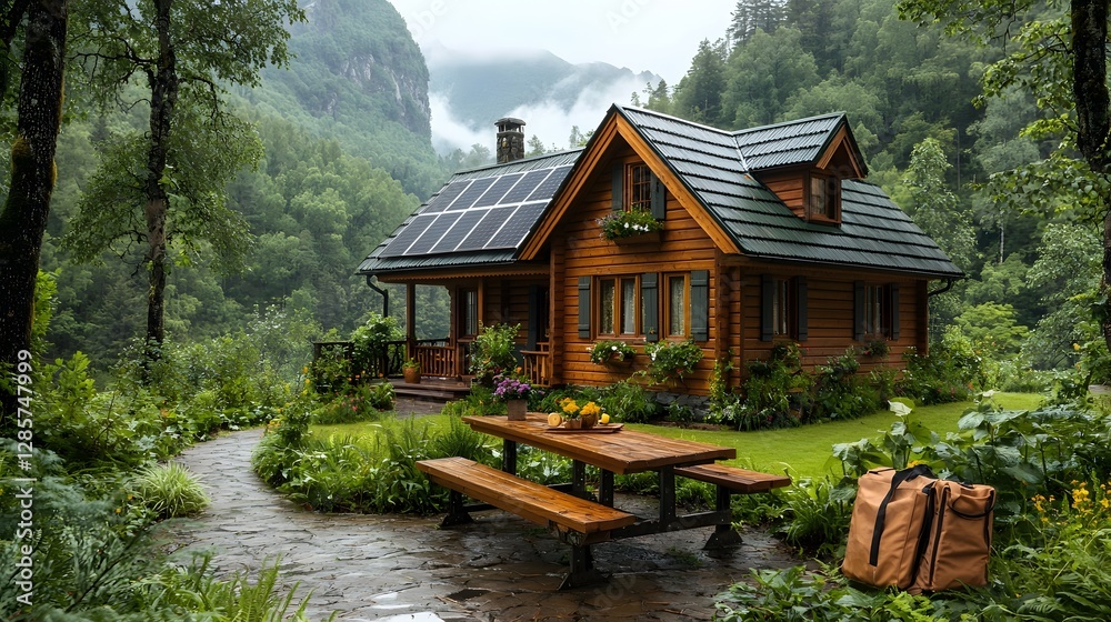 Obraz premium Sustainable wooden house with solar panels on the roof blending harmoniously into a peaceful and serene forest landscape Plenty of copy space included for your design or text overlay