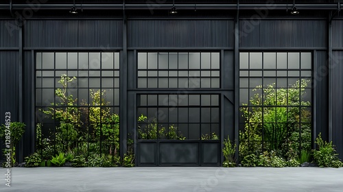 Industrial Building Entrance with Lush Greenery  Daylight Photography AI Generated