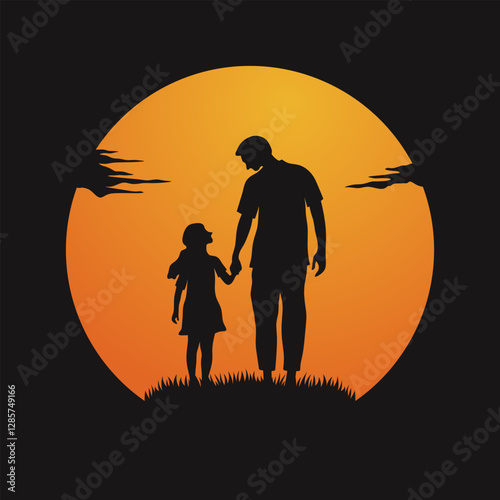 Silhouette of walking father with daughter from back