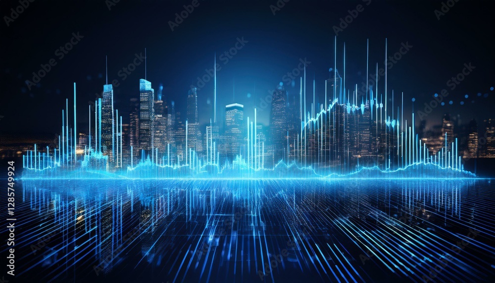 Concept of stock market and fintech forex concept. Blurry blue digital charts over dark blue background. Futuristic financial interface. 3d render illustration. City double exposure Concept of stock market and fintech forex concept. Blurry blue digital charts over dark blue background. Futuristic financial interface. 3d render illustration. City double exposure