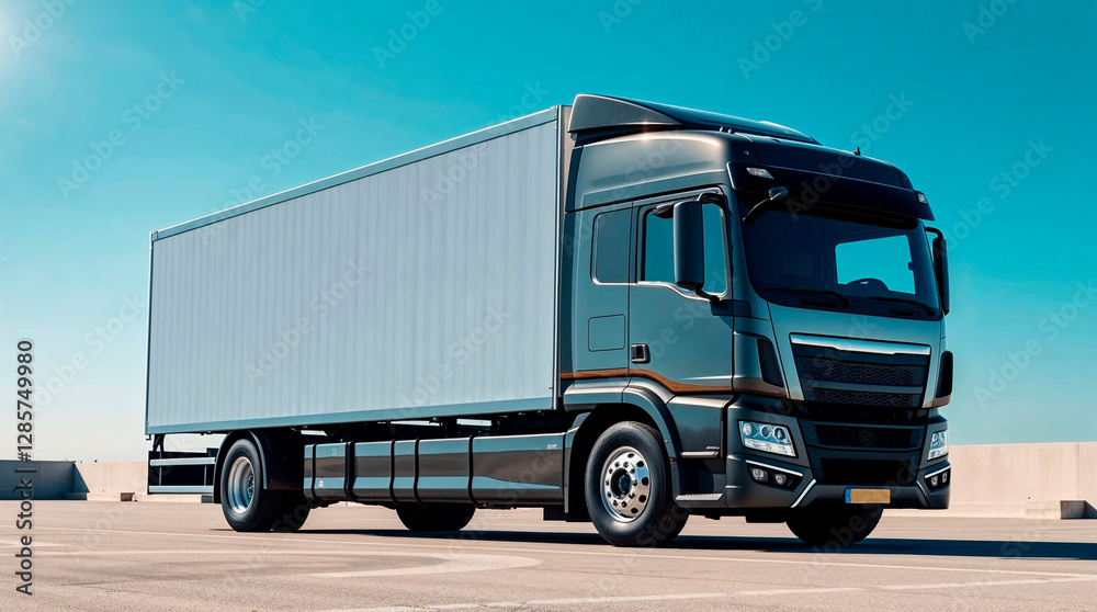 Modern blank cargo truck parked on a concrete surface under a clear sky Modern blank cargo truck parked on a concrete surface under a clear sky