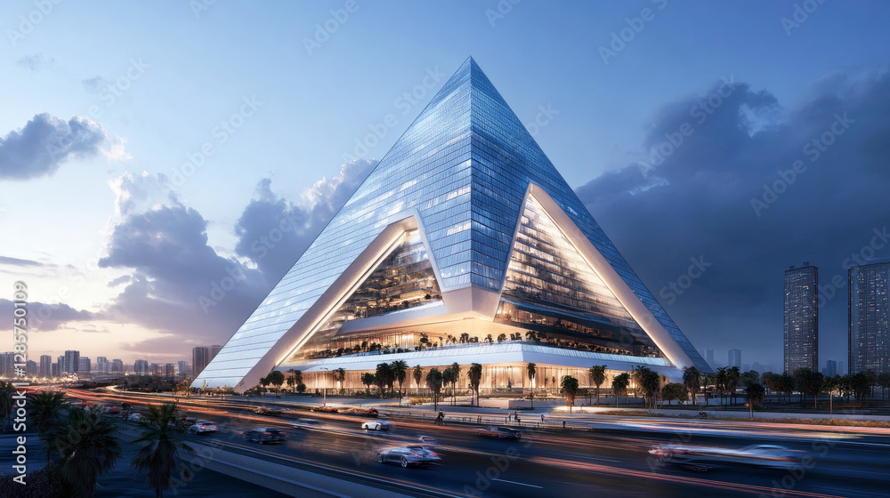 Obraz premium A pyramid-shaped building with a futuristic design, with walls made of glass, illuminated from within, highlighting its intricate framework and the spacious interiors