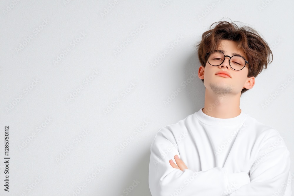Man expressing confidence in a studio setting with neutral background