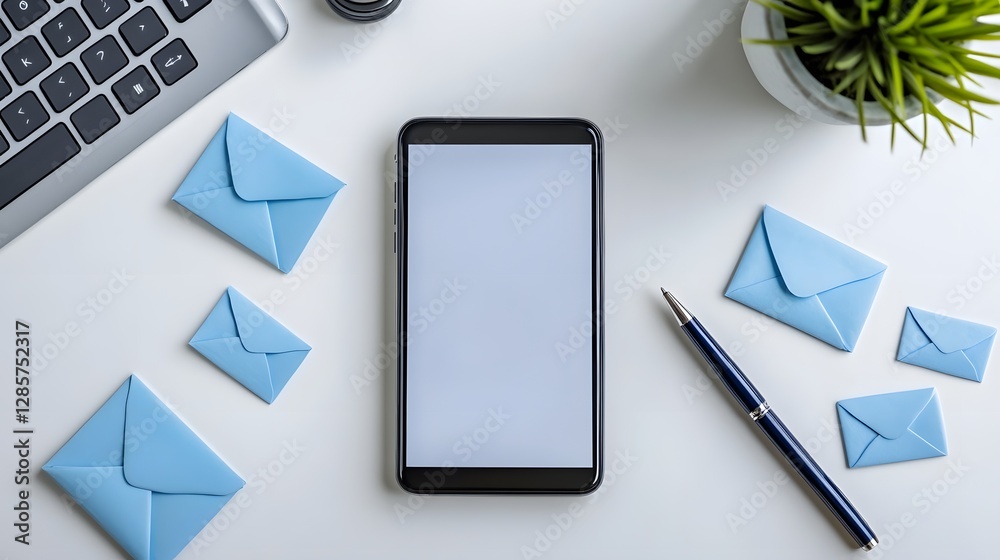 Smartphone on Desk Surrounded by Blue Envelopes and Green Plant Smartphone on Desk Surrounded by Blue Envelopes and Green Plant