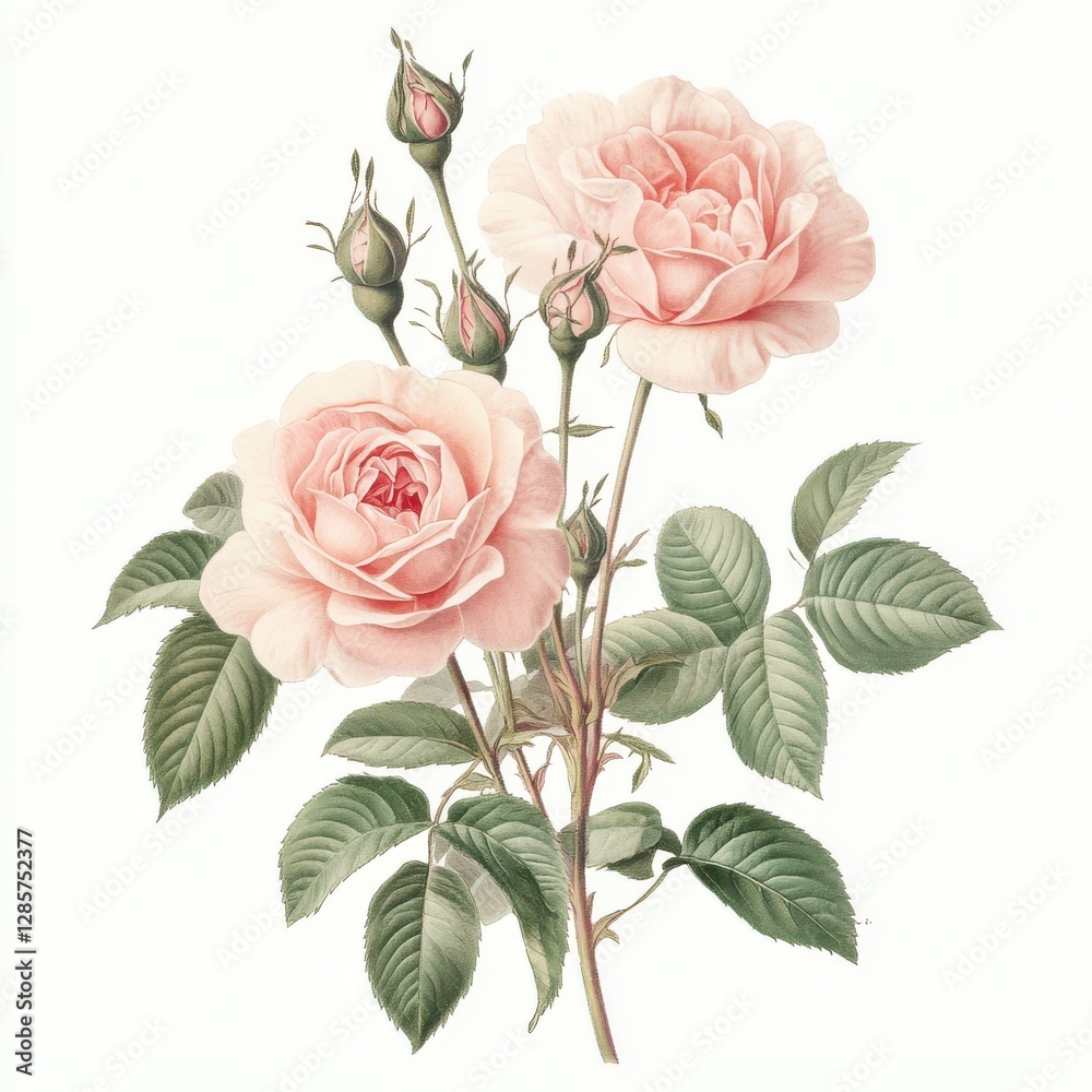 Fototapeta premium Watercolor vintage pale pink roses isolated on white bakground