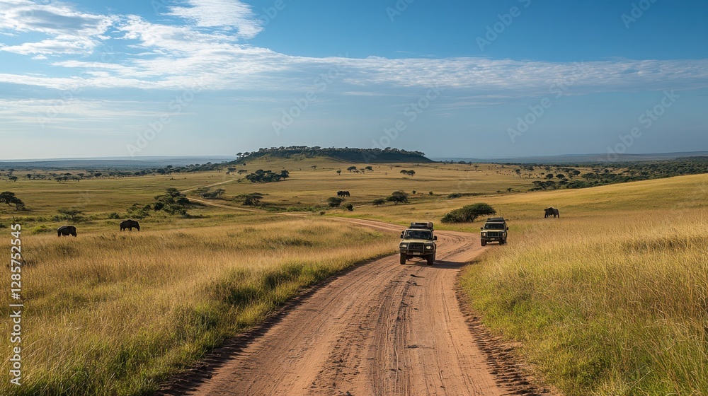Obraz premium Safari Tours: A photo of safari vehicles in the African savannah, with wild animals in the background, emphasizing wildlife and nature experiences.